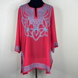 GRETCHEN SCOTT Embroidered V-Neck Sheer Tunic Top S